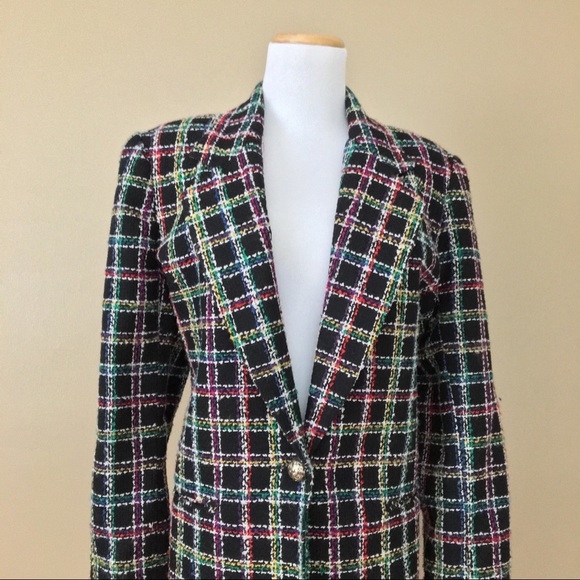 Vintage 80s Black Rainbow Tweed Wool Blend Blazer - Picture 2 of 8